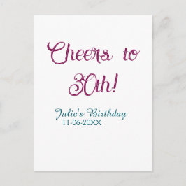 Cheers to 30th birthday name date mauve blue elega postkarte