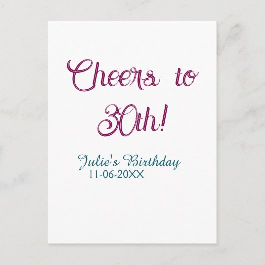 Cheers to 30th birthday name date mauve blue elega postkarte (Vorderseite)