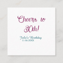 Cheers to 30th birthday name date mauve blue elega quadratische visitenkarte