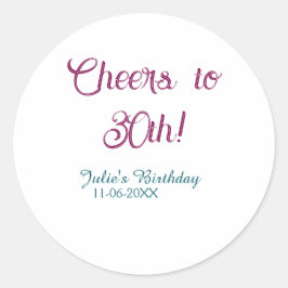 Cheers to 30th birthday name date mauve blue elega runder aufkleber