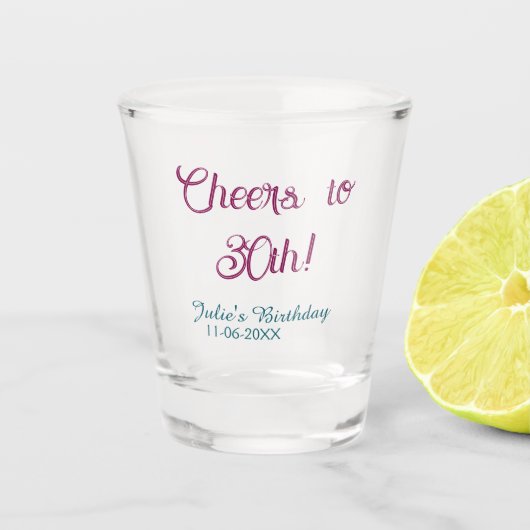 Cheers to 30th birthday name date mauve blue elega schnapsglas (Vorderseite)