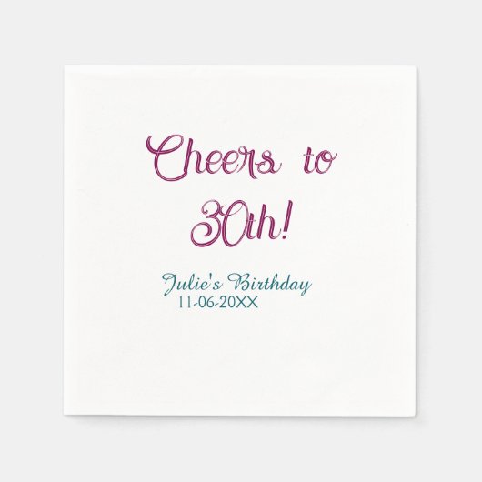 Cheers to 30th birthday name date mauve blue elega serviette (Vorderseite)