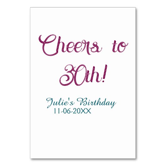 Cheers to 30th birthday name date mauve blue elega tischnummer (Vorderseite)