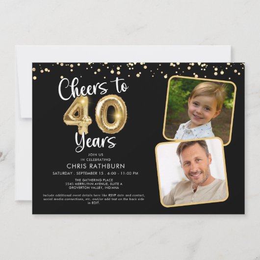 Cheers to 40 Years2 Fotos Script Balloon Confetti Einladung (Vorderseite)