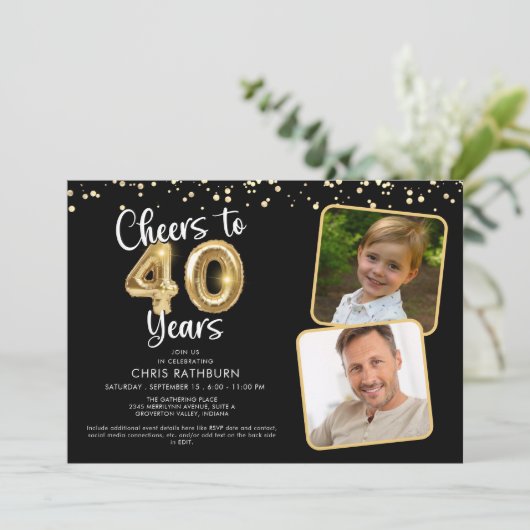 Cheers to 40 Years2 Fotos Script Balloon Confetti Einladung (Stehend Vorderseite)