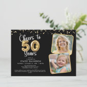 Cheers to 50 Years2 Fotos Script Balloon Confetti Einladung (Stehend Vorderseite)