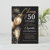 Cheers To 50 Years Black and Gold Balloons Einladung (Stehend Vorderseite)