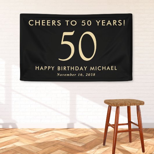 Cheers To 50 Years Black Gold 50th Birthday Party Banner