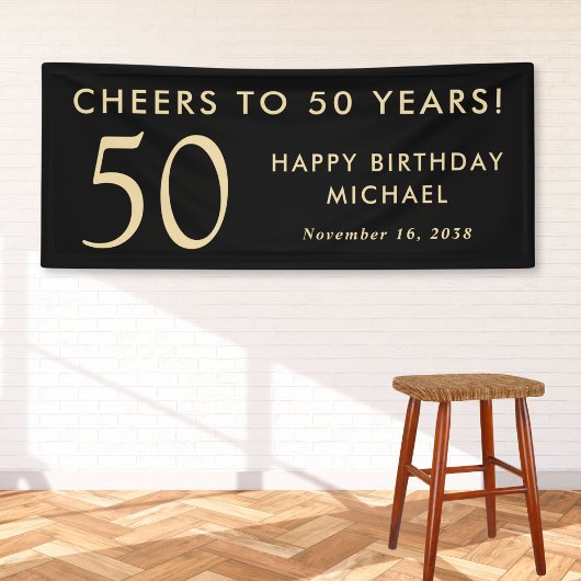Cheers To 50 Years Black Gold 50th Birthday Party Banner