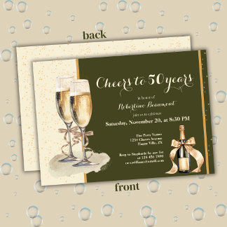 Cheers to 50 Years Cream Green Champagne Birthday Einladung
