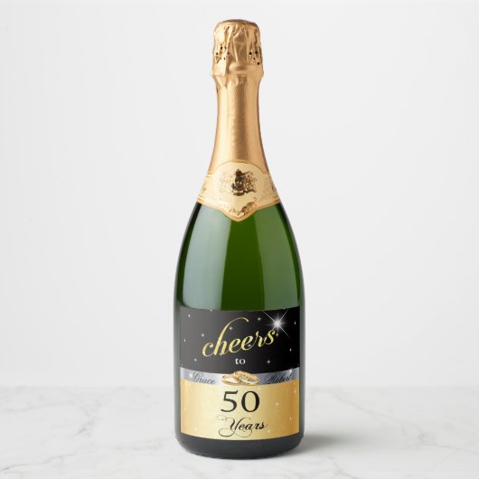 Cheers to 50 Years Gold Satin Glitzer Sparkle Wein Schaumweinetikett (Vorderseite)