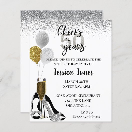 Cheers to 50 Years Silver Gold Glitzer Champagne I (Vorne/Hinten)