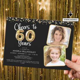 Cheers to 60 Years 2 Foto Script Balloon Confetti Einladung