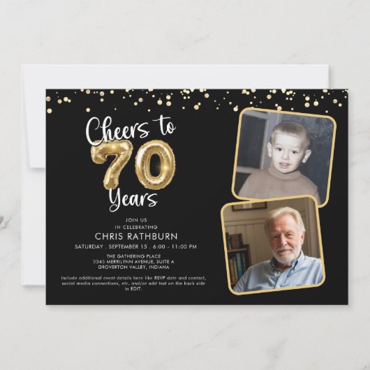 Cheers to 70 Years 2 Fotos Script Ballon Einladung (Vorderseite)