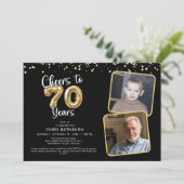 Cheers to 70 Years 2 Fotos Script Ballon Einladung (Stehend Vorderseite)