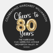 Cheers to 80 Years Script Balloon Rücksendeadresse Runder Aufkleber (Vorderseite)