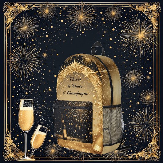 Cheers to Chaos & Champagne Midnight Gold New Year Bedruckter Rucksack