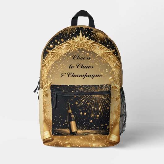 Cheers to Chaos & Champagne Midnight Gold New Year Bedruckter Rucksack (Vorderseite)