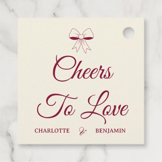 Cheers To Love Burgundy Script Ivory Bow Wedding Geschenkanhänger (Rückseite)