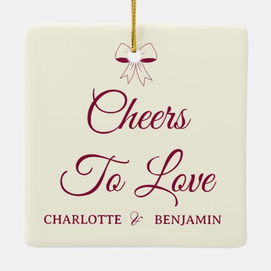 Cheers To Love Burgundy Script Ivory Bow Wedding Keramikornament (Rückseite)