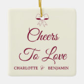 Cheers To Love Burgundy Script Ivory Bow Wedding Keramikornament (Vorderseite)
