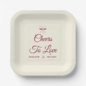 Cheers To Love Burgundy Script Ivory Bow Wedding Pappteller (Vorderseite)