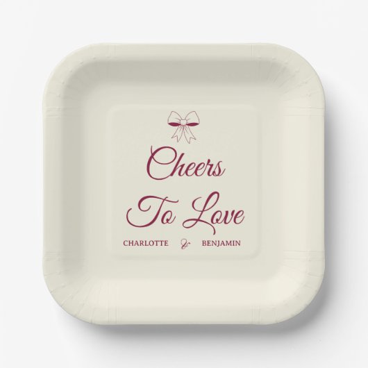 Cheers To Love Burgundy Script Ivory Bow Wedding Pappteller (Vorderseite)