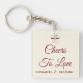 Cheers To Love Burgundy Script Ivory Bow Wedding Schlüsselanhänger (Vorderseite)