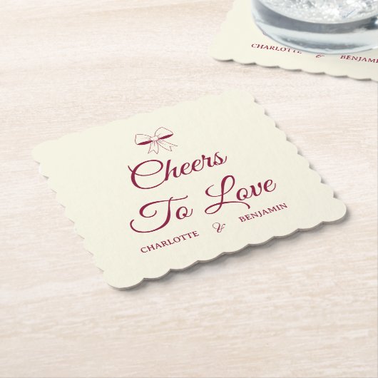 Cheers To Love Burgundy Script Ivory Bow Wedding Untersetzer (angewinkelt)