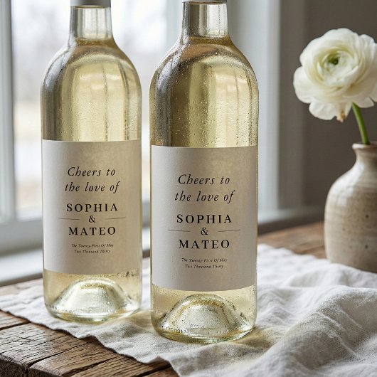 Cheers To Love Classic Elegant White Wedding Weinetikett