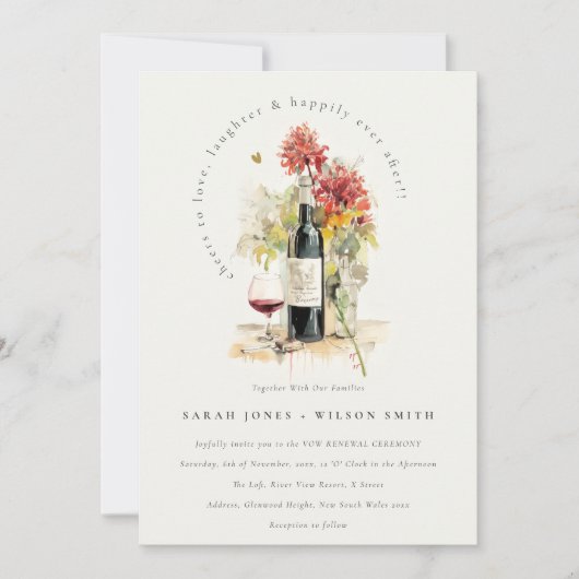 Cheers to Love Wine Red Yellow Floral Vow Renewal Einladung (Vorderseite)
