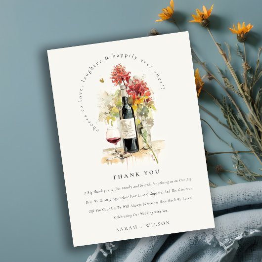 Cheers to Love Wine Red Yellow Floral Wedding Dankeskarte