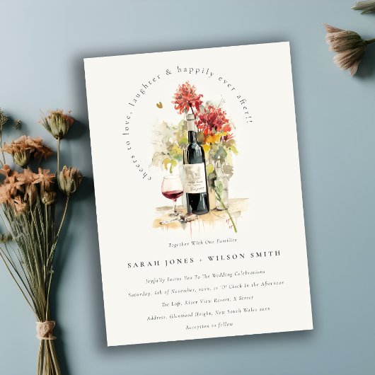 Cheers to Love Wine Red Yellow Floral Wedding Einladung