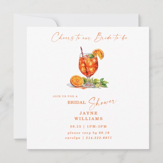 Cheers to Our Bride-to-be Aperol Square Bridal  Einladung (Vorderseite)