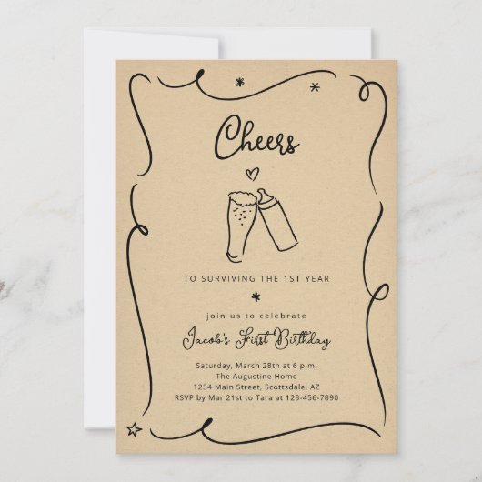 Cheers to Surviving the First Year Funny Birthday Einladung (Vorderseite)