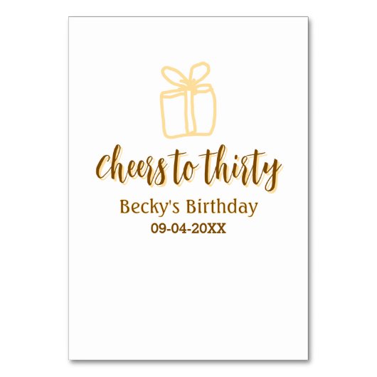 Cheers to thirty yellow brown birthday pastel gift tischnummer (Vorderseite)