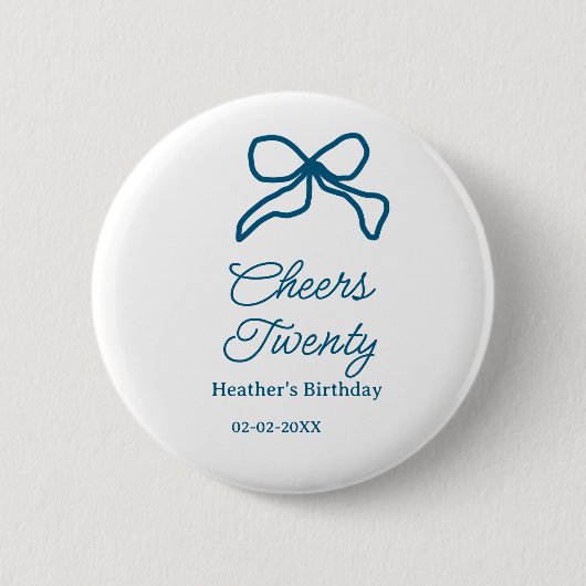 Cheers twenty blue birthday bow name date boho ret button (Vorderseite)