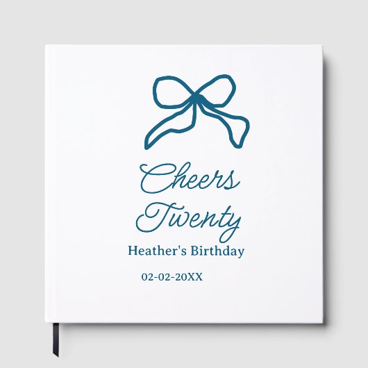 Cheers twenty blue birthday bow name date boho ret gästebuch (Vorderseite)