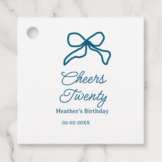 Cheers twenty blue birthday bow name date boho ret geschenkanhänger (Vorderseite)