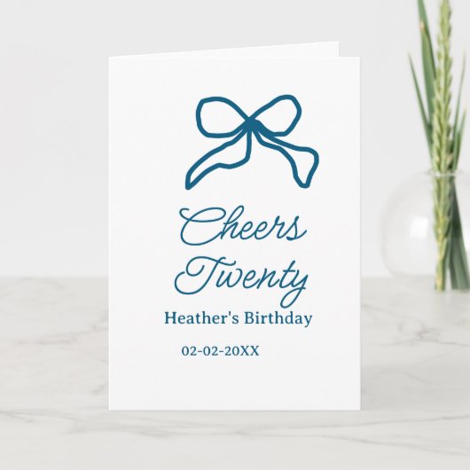 Cheers twenty blue birthday bow name date boho ret karte (Vorderseite)