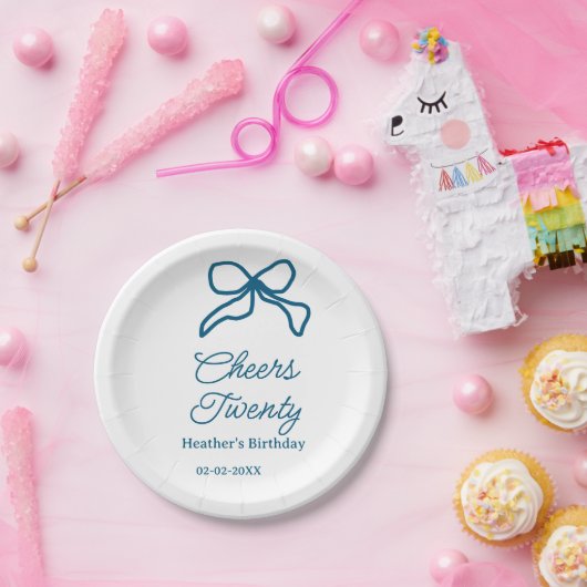 Cheers twenty blue birthday bow name date boho ret pappteller (Party)