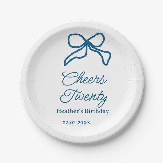 Cheers twenty blue birthday bow name date boho ret pappteller (Vorderseite)