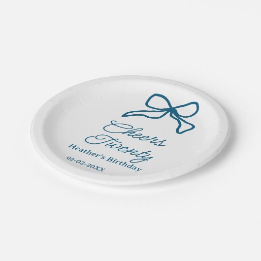 Cheers twenty blue birthday bow name date boho ret pappteller (Schrägansicht)