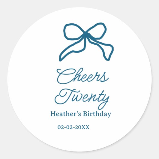 Cheers twenty blue birthday bow name date boho ret runder aufkleber (Vorderseite)