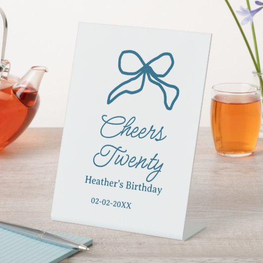 Cheers twenty blue birthday bow name date boho ret sockelschild (In Situ)