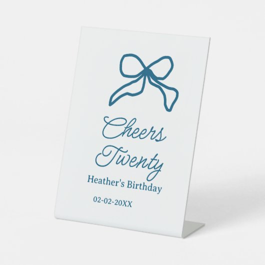 Cheers twenty blue birthday bow name date boho ret sockelschild (Vorderseite)