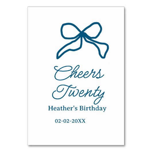 Cheers twenty blue birthday bow name date boho ret tischnummer (Vorderseite)
