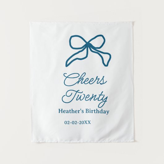 Cheers twenty blue birthday bow name date boho ret wandteppich (Vorderseite)