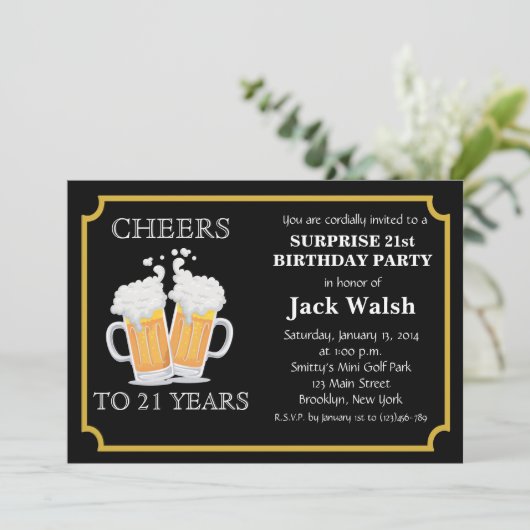 Cheers Überraschung 21. Geburtstag Party Einladung (Stehend Vorderseite)