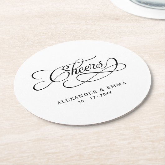 Cheers Wedding Elegant Calligraphy Black & White Runder Pappuntersetzer (Angewinkelt)